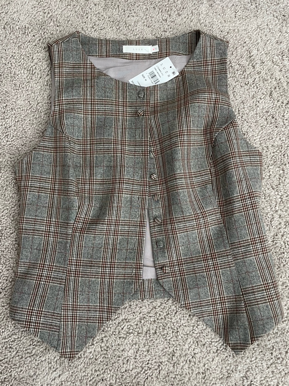NWT Lush Grey Brown Plaid Cropped Vest Strapless Corset Top Size